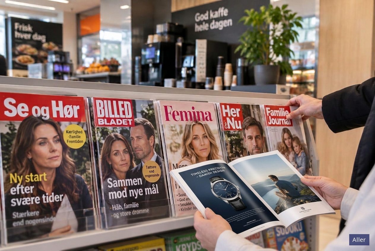 Moderne kiosk med ugeblade og en hånd, der holder et åbent blad med en annonce
