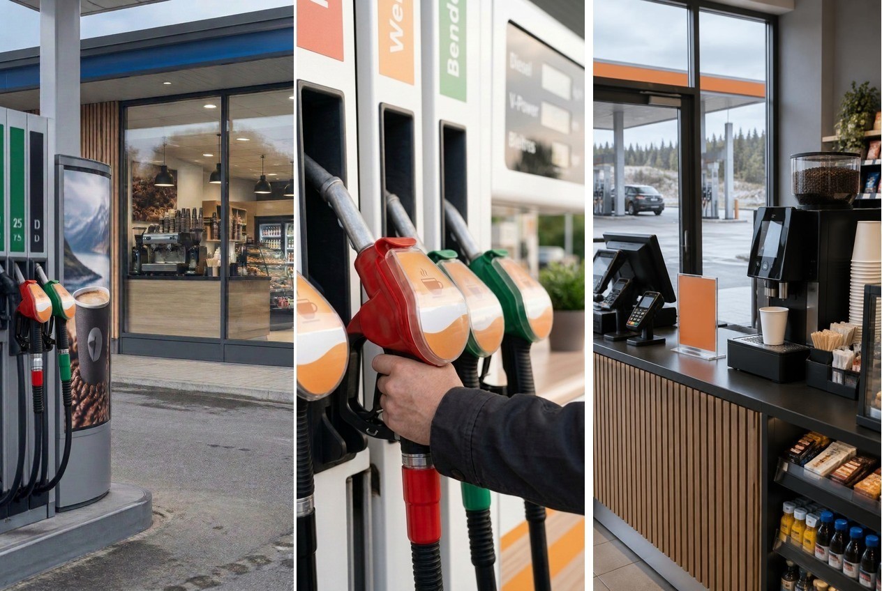 Benzinstander med reklameholder, montør der skifter reklamen på pistolen og kaffedisk i butikken