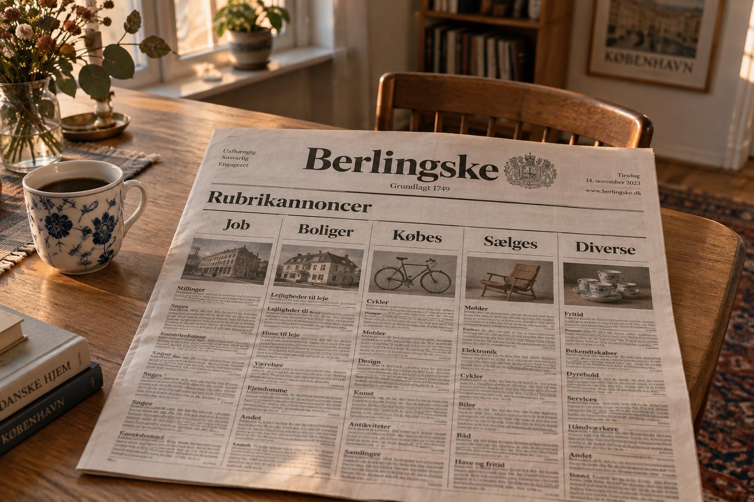En opslået Berlingske-avis med rubrikannoncer på et stuebord