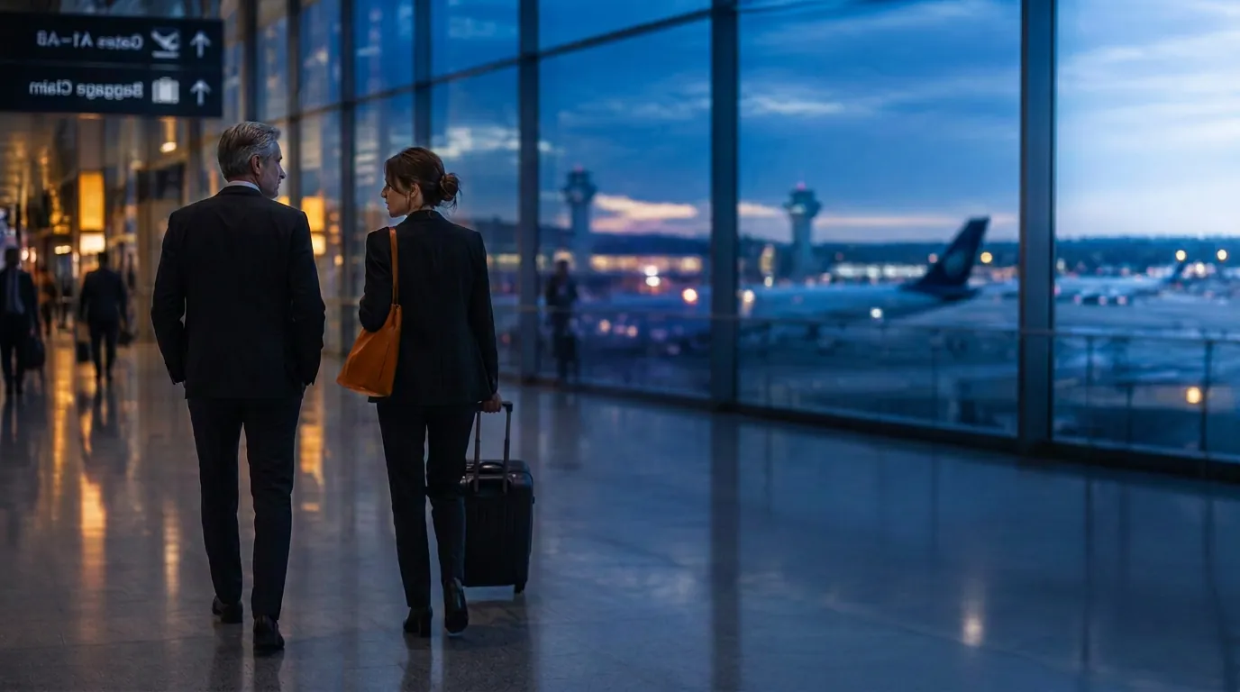 Two colleagues talking as they walk through an airport terminal at blue hour