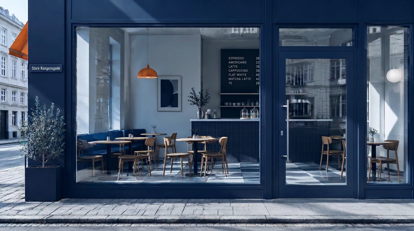 Corner café with a glass front and an orange lamp