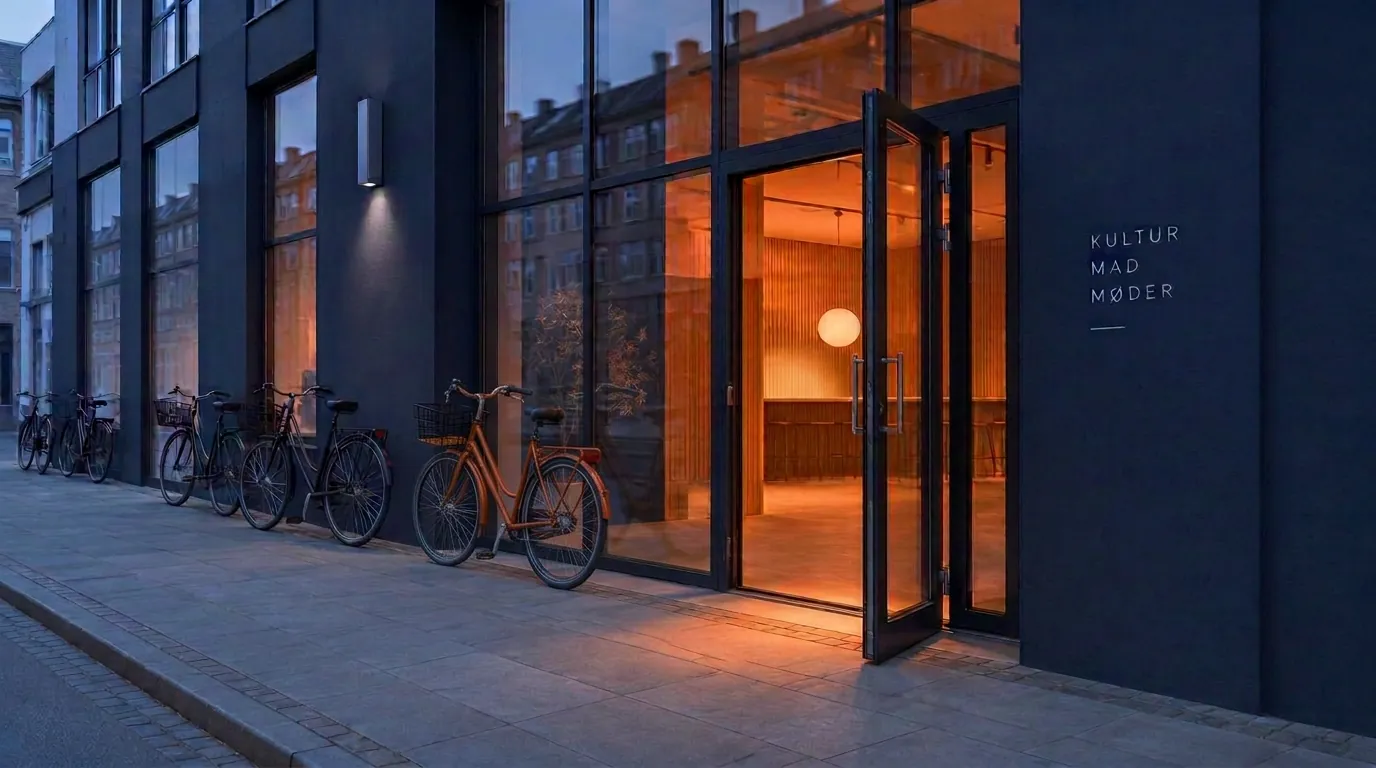 Open glass door to a bright room with bicycles outside at blue hour