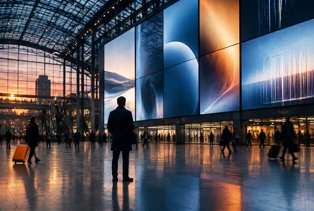 Man in front of large screens showing digital media and outdoor advertising in a terminal hall