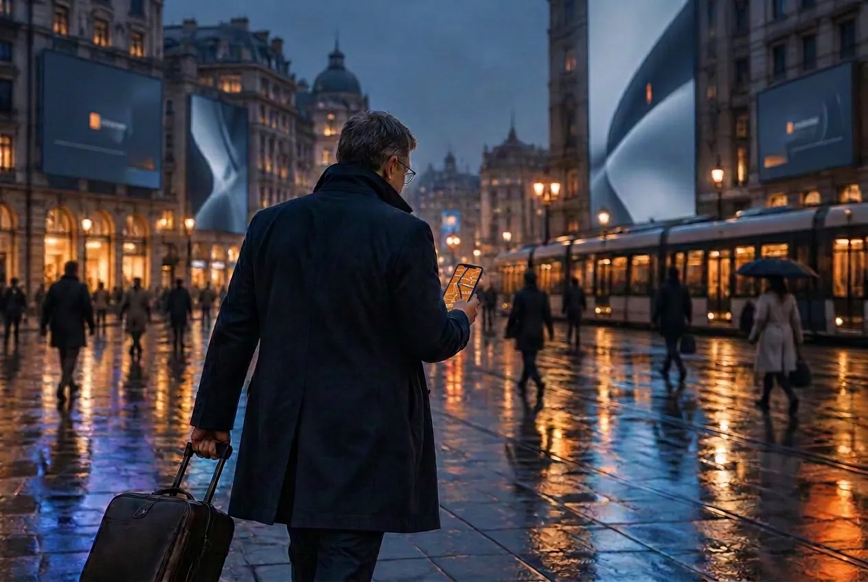 Man in a navy coat with a suitcase and phone on a rain-soaked square