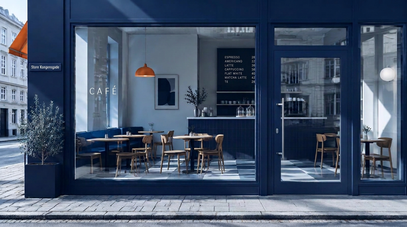Café på et gadehjørne med glasfacade og en orange lampe