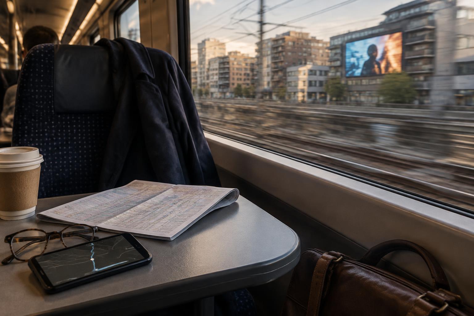 Kaffekop, briller, telefon med rute og foldet kort på et bord i et tog, byen i bevægelse udenfor vinduet