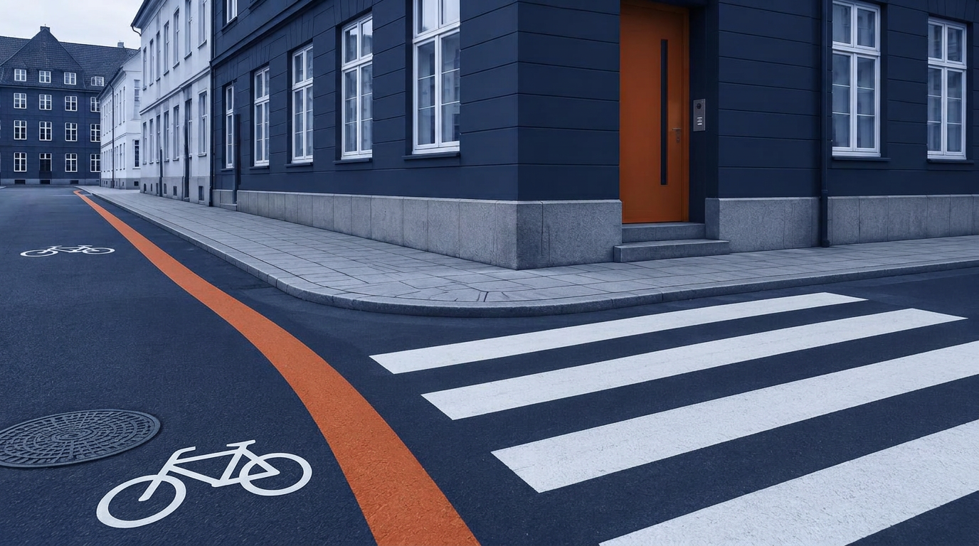 Gadehjørne med orange dør og orange cykelsti