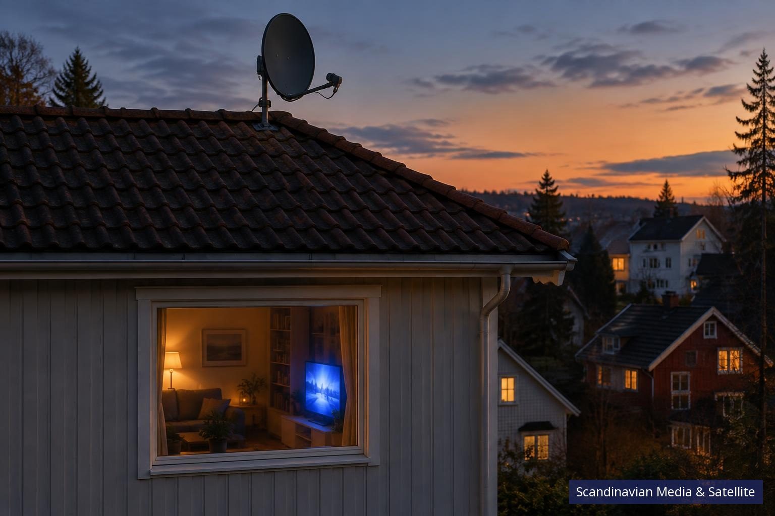 Parabol på en tagryg og et vindue med tv-lys